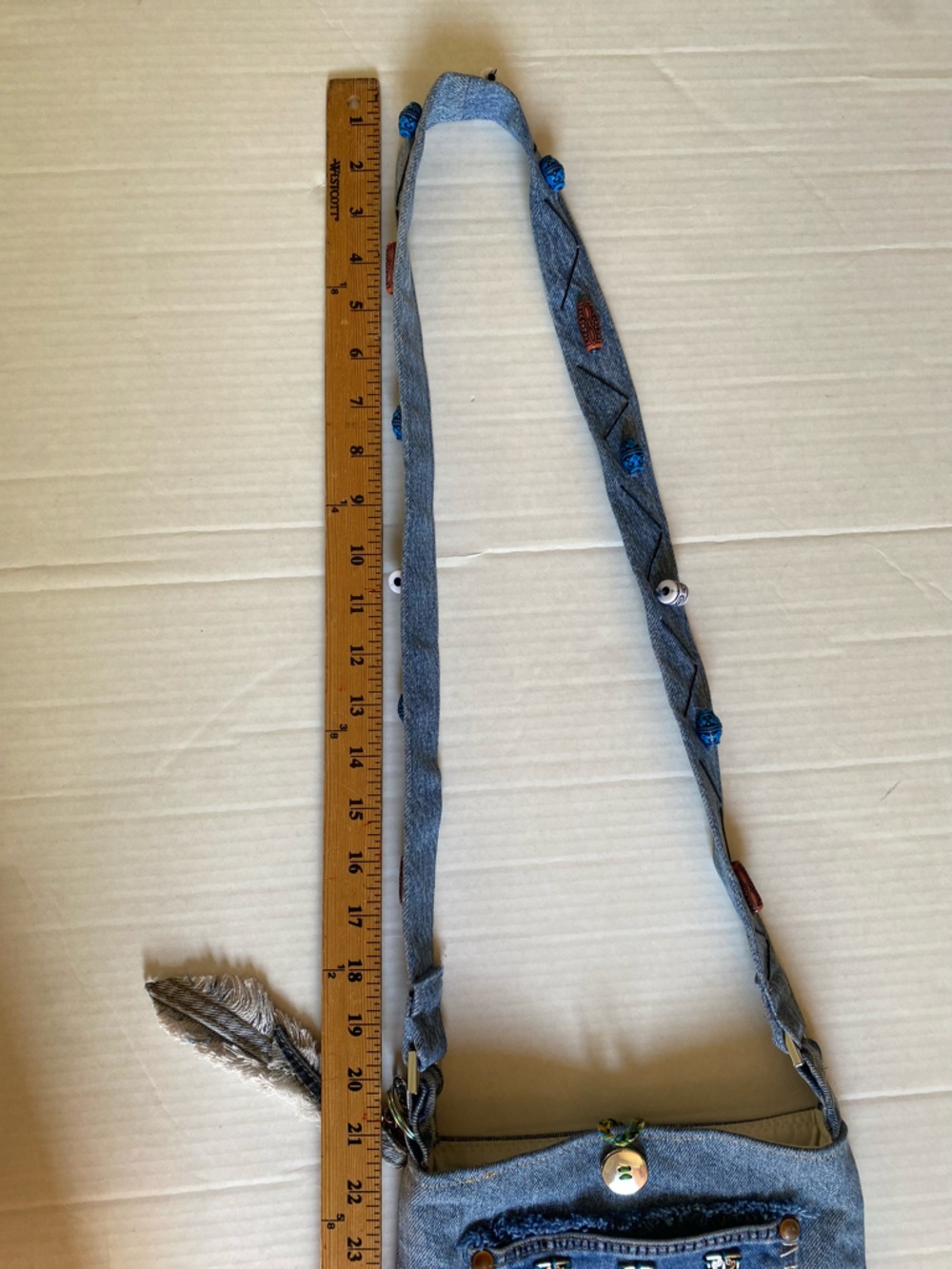 Upcycled Boho Denim Tassel Crossbody Bag with Beads and Embroidery - Picture 12 of 13